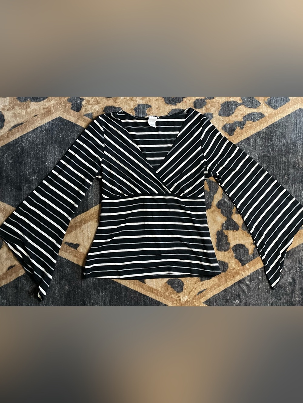 Vintage Rave Black White Striped Bell Sleeve Wrap Top Made USA XL